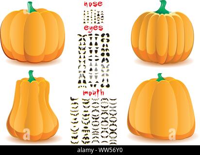 Largest set of halloween pumpkins with big set of mouths, eyes and noses for Jack O`Lantern face, part 20, vector illustration Stock Vector